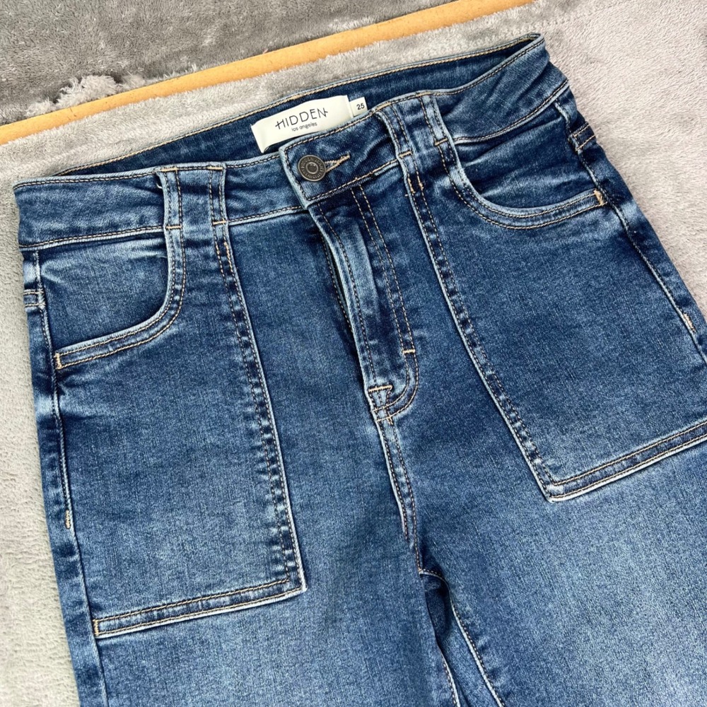 Hidden Jeans Flare Jeans Womens 25 Blue Solid Stretch Raw Hem Patch Pockets - Picture 4 of 14